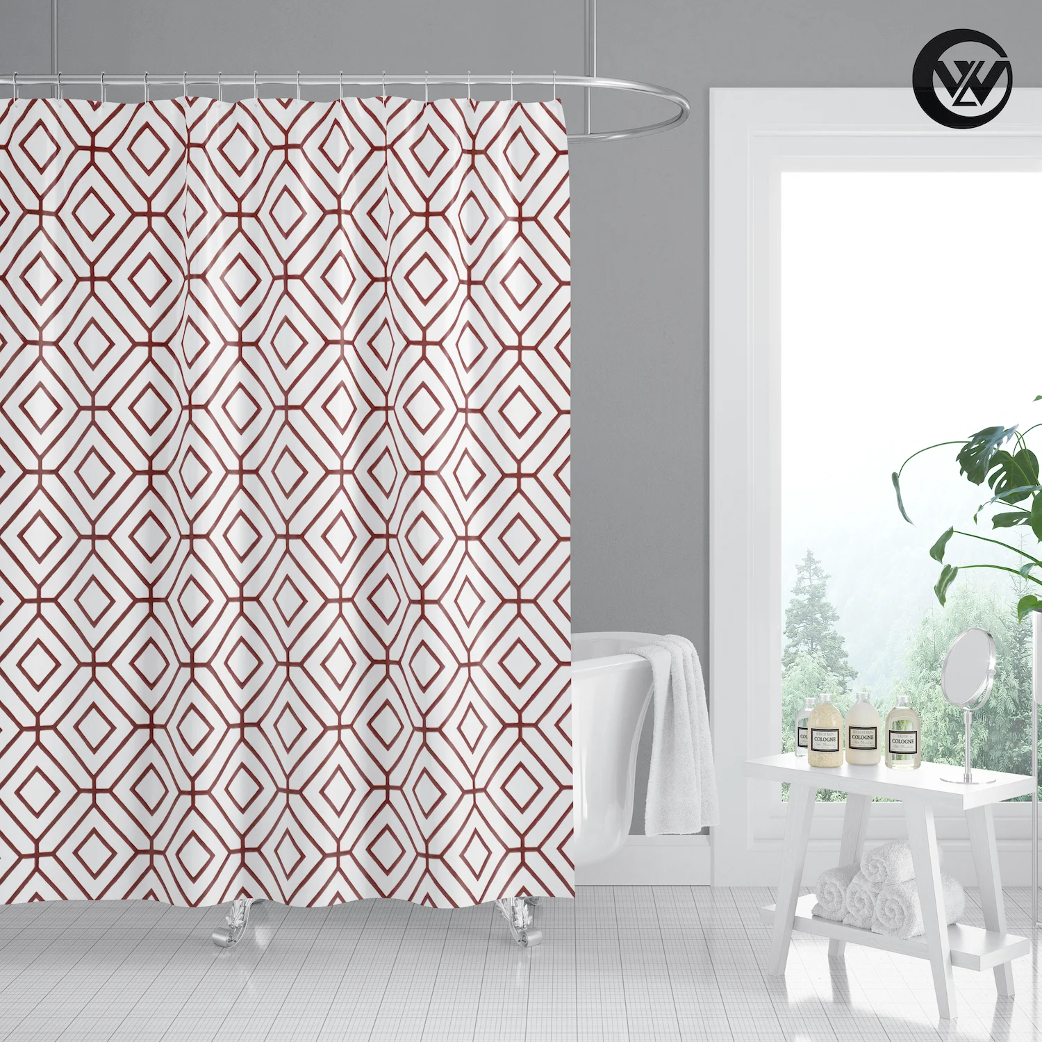 Superior Fabric Red Quadrilateral Geometry Design Bathroom Curtain With Hook New Polyester White Waterproof Shower Curtain Liner