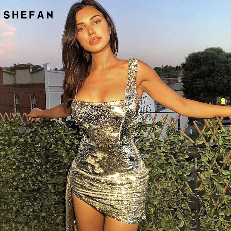 Shefan блестящее мини платье с блестками и рюшами Сексуальная Клубная одежда для