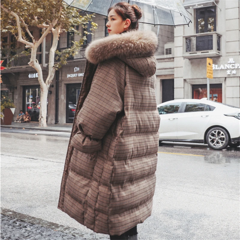 New Winter Jacket Women Long Coat Plaid Parka Down Fur collar Hooded Thick Warm Cotton clothing Loose Overcoat Tide | Женская одежда