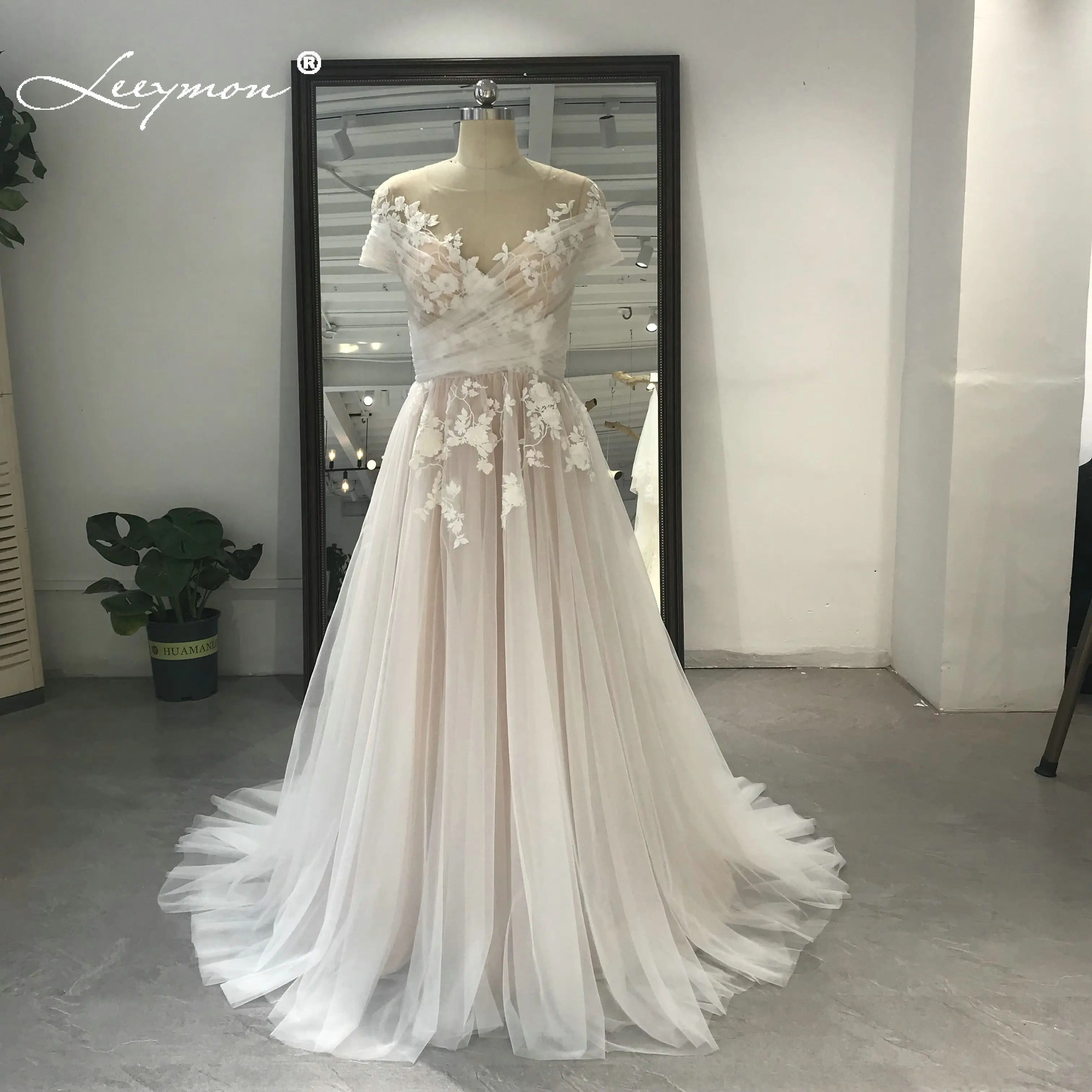 

Leeymon свадебное платье трапециевидной формы, Тюлевое кружевное платье с аппликацией, отделкой бисером, длиной до пола, с вырезом лодочкой
