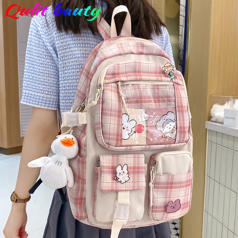 Клетчатый рюкзак для девочек, вместительные водонепроницаемые нейлоновые школьные ранцы для подростков, прозрачные дорожные сумки для кни...