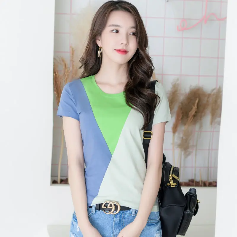 

Contrast stitching short sleeve T-shirt for women in spring and summer