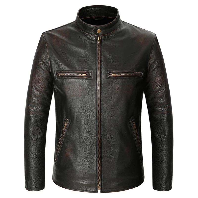 

2021 New Vintage Style Motorcycle Genuine Leather Jacket Men's Handmade old Natural Cowhide Calfskin Biker Coat Clothes