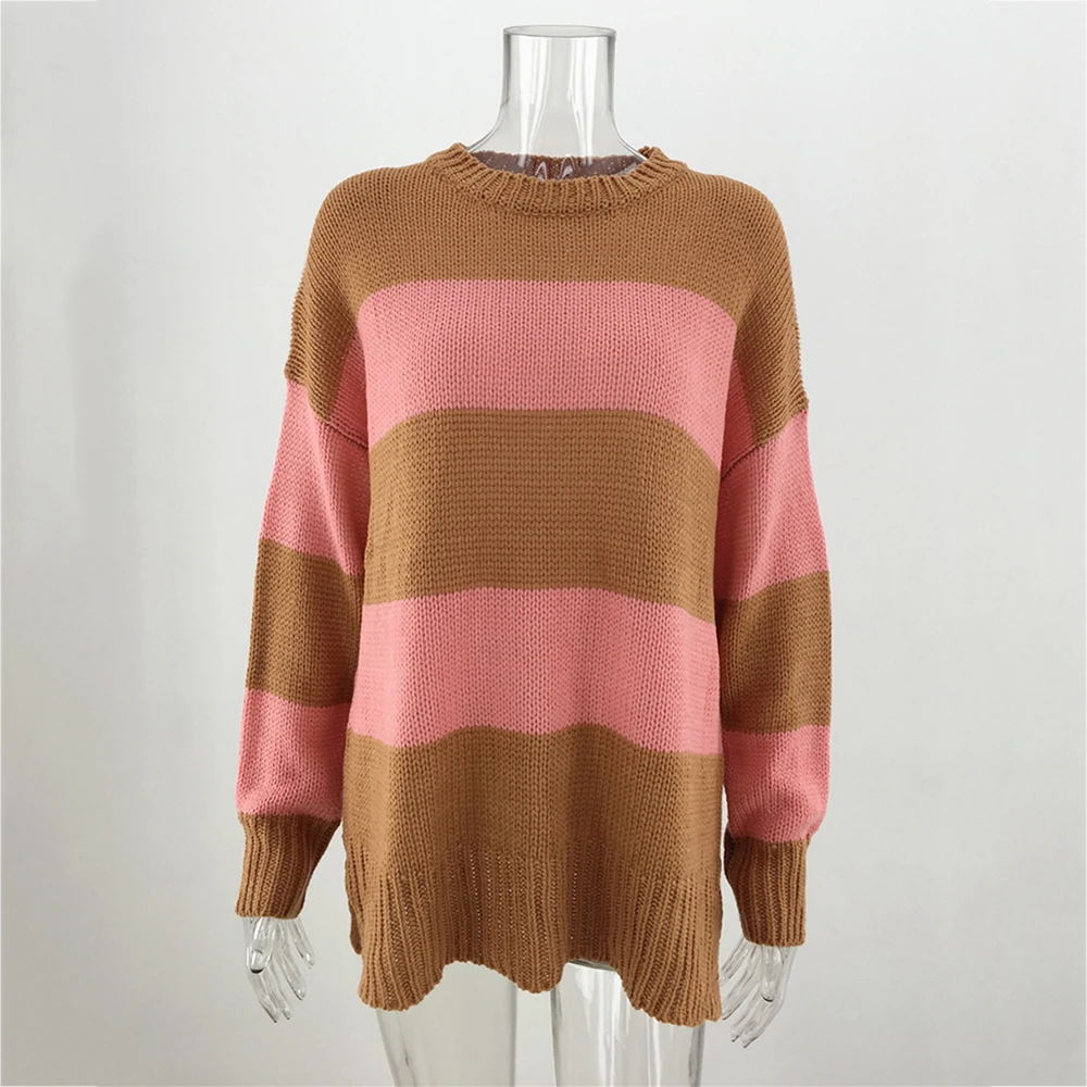 

Autumn Winter Striped Sweater Women Long Sleeve Side Split Patchwork Loose Pullover Sweaters Plus Size Knitted Jumper Sweaters