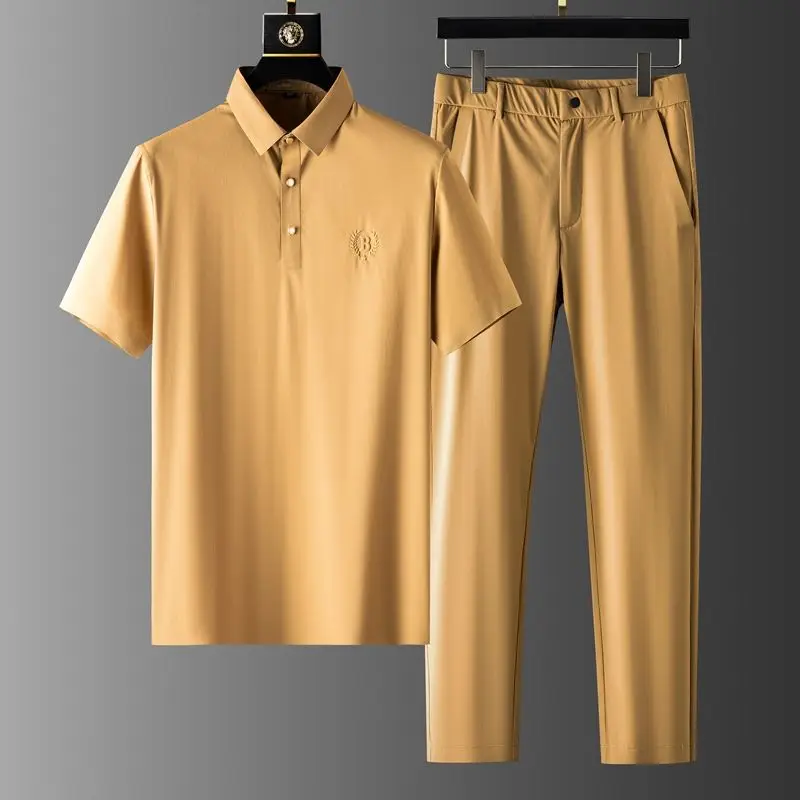 

2021 Summer New Business Casual Men Cool Simple Short-Sleeved Lapel T-shirt Trousers Sports Two - Piece Suit
