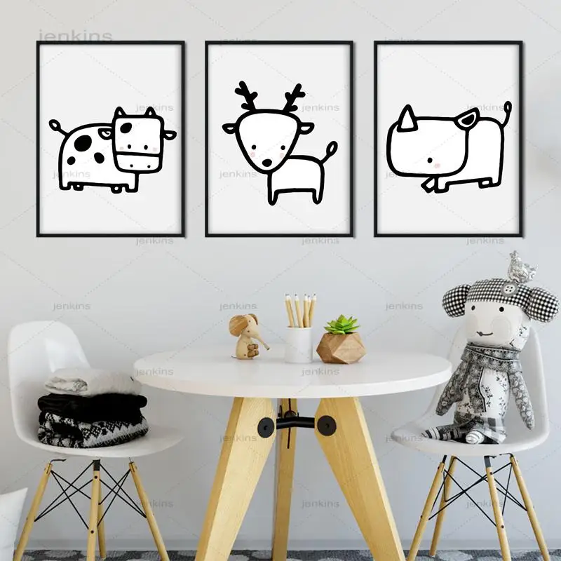 

Waterproof Nordic Decoration Cartoon Animals Cattle for House Room Wall Art Poster and Print Canvas Painting Without Frame
