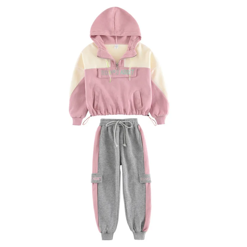 

Girl spring color matching leisure suit Girl hooded sweater casual pants suit Girl foreign style fashion two-piece
