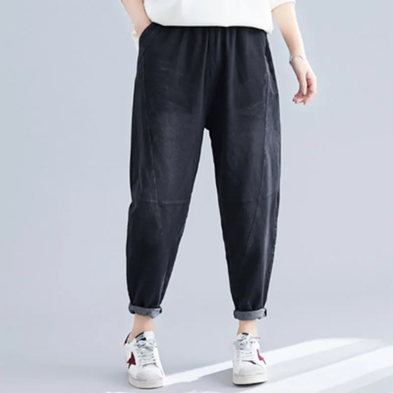 

Autumn New Arts Style Women Elastic Waist Loose vintage Black Jeans All-matched Casual Cotton Denim Harem Pants Big Size M648