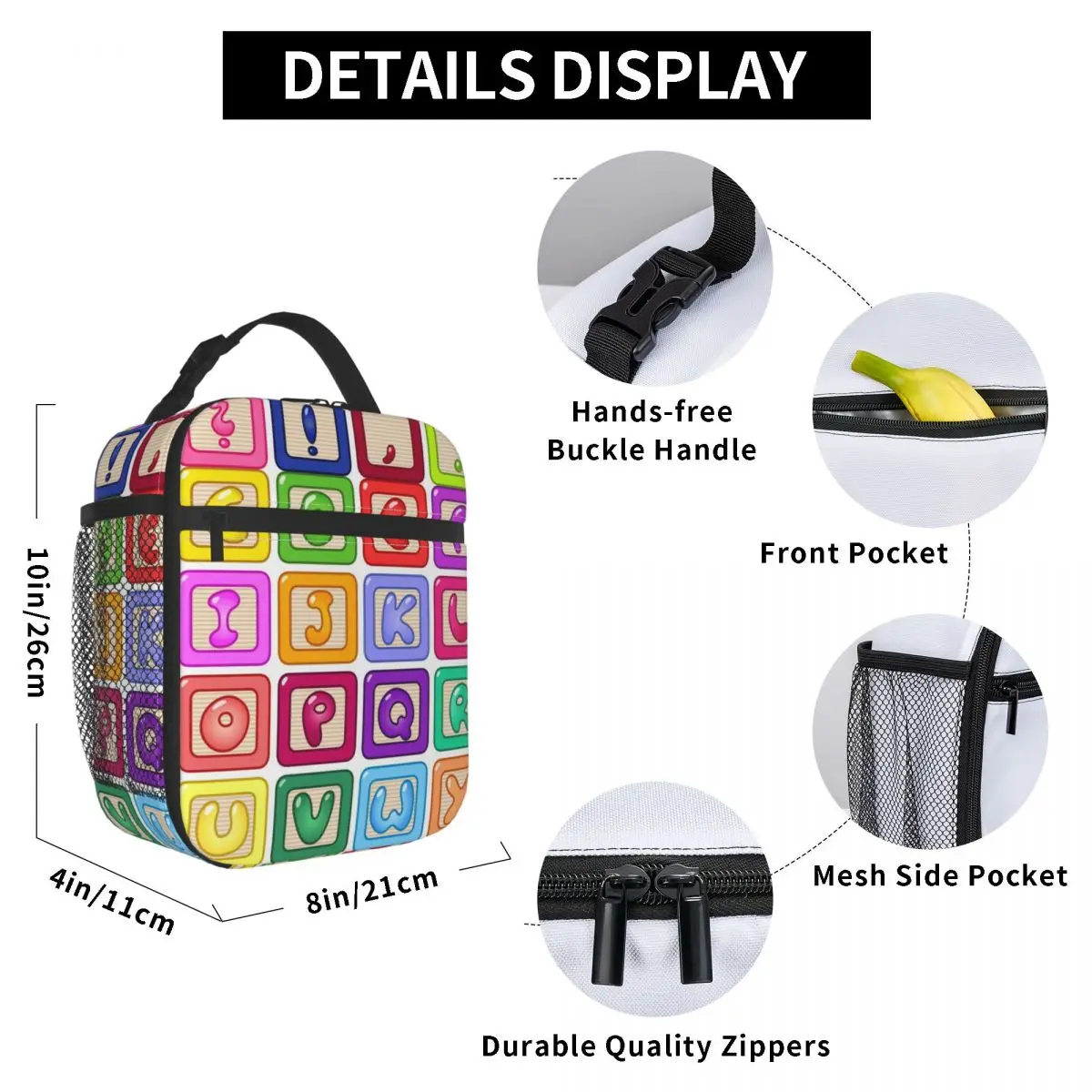 

Colorful Alphabet Blocks Lunch Bag for Women Men Large Insulated Lunch Box with Water Bottle Holder and Pockets