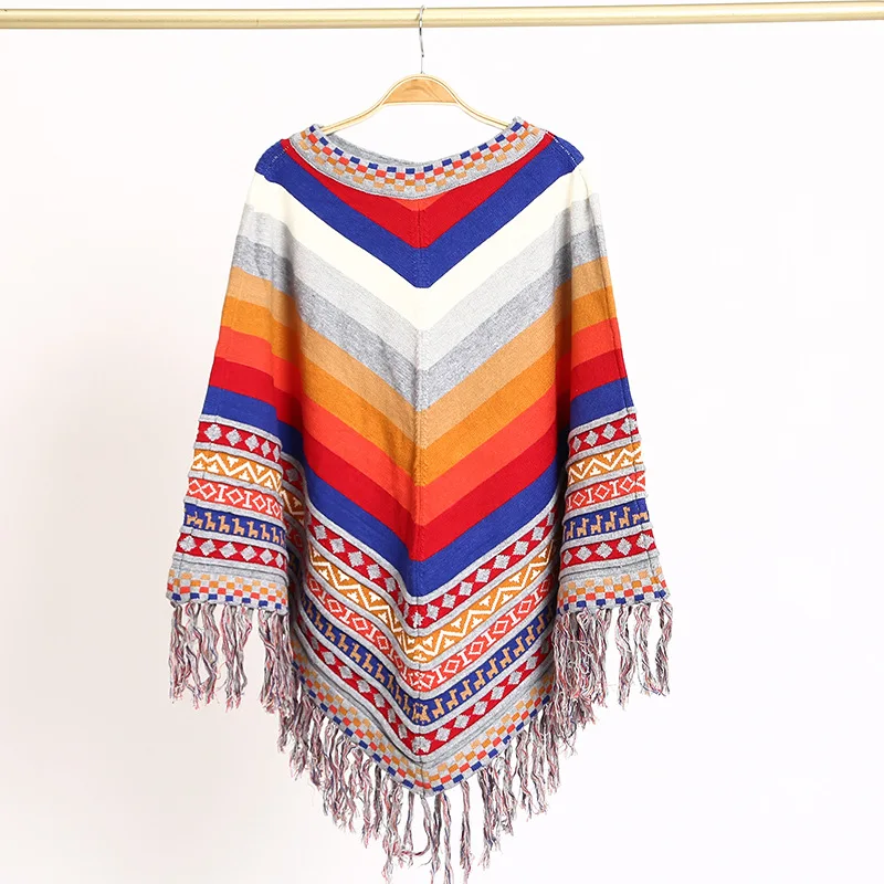 

Ethnic Tassels Knit Shawl Cloak Coat Lady Autumn Winter Warm Wrap Scarf Geometric Patterns Travel Fringed Pullovers Poncho Tops