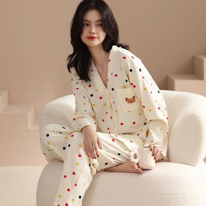 

Cotton Pajamas Women's Spring and Autumn Long-sleeved Cardigan Tops with Long Trouser Two Piece Sets Cotton Quality Home Clothes