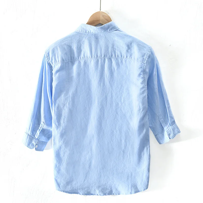 

2020 New Men's Solid Color 7 Points Arm Hugh Linen Free Shirt Youth Lapel Breathable and Comfortable Shirt