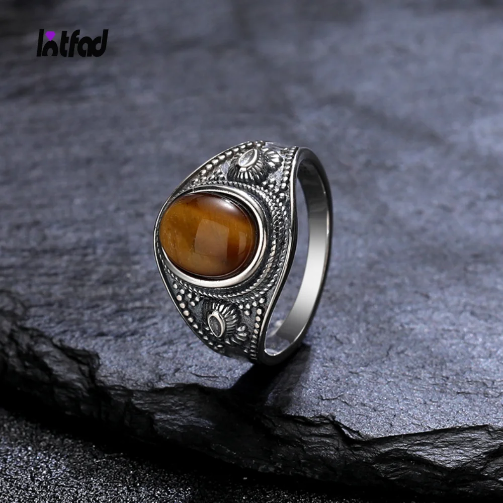 

Sterling Silver 925 Vintage Ring Oval 8x10MM Natural Tiger's Eye Stone Ring for Men Women Gift Luxury Rhodochrosite Jewelry