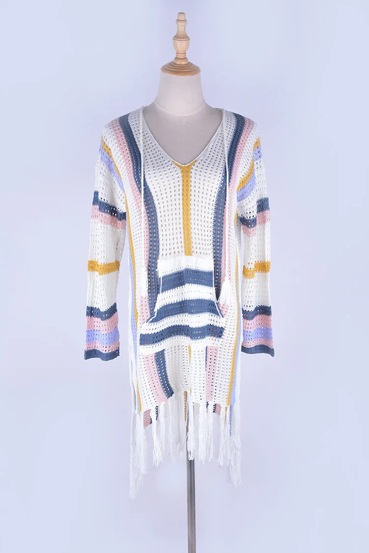 Трикотажное бикини туника с бахромой для пляжа Парео де Плайя Mujer кафтан Пляжная