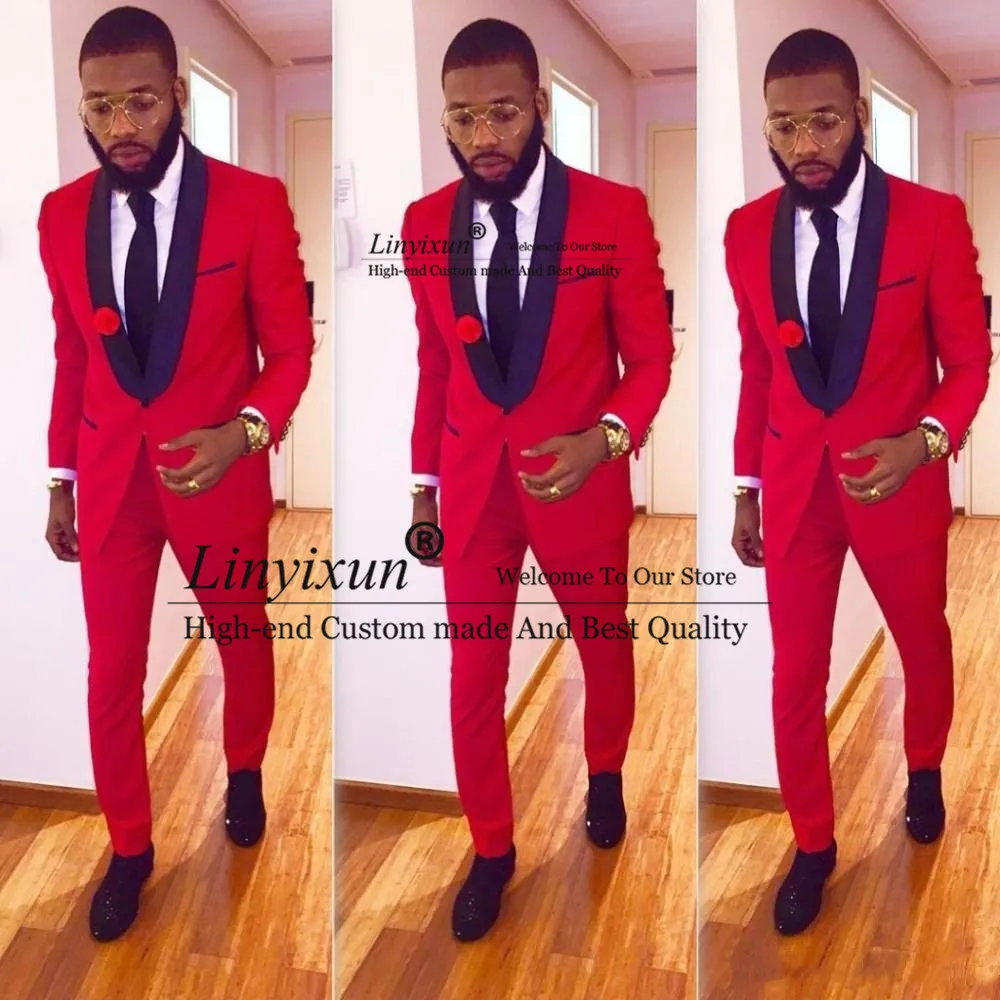 

High Quality One Button Red Groom Tuxedos Groomsmen Shawl Lapel Best Man Blazer Mens Wedding Suits (Jacket+Pants+Tie)