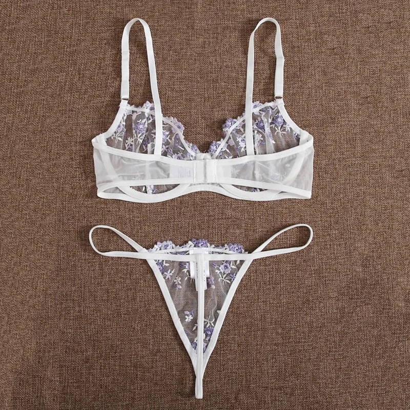 

New Women's lace embroidered sexy underwear underwire gather bra and panty set thin mesh see-through thong erotic lingerie set