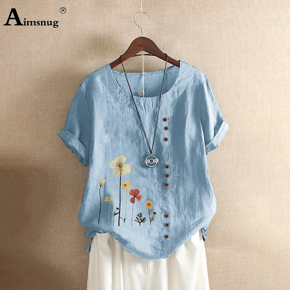 Женские летние топы 2020 льняная блузка с принтом и искусственными пуговицами