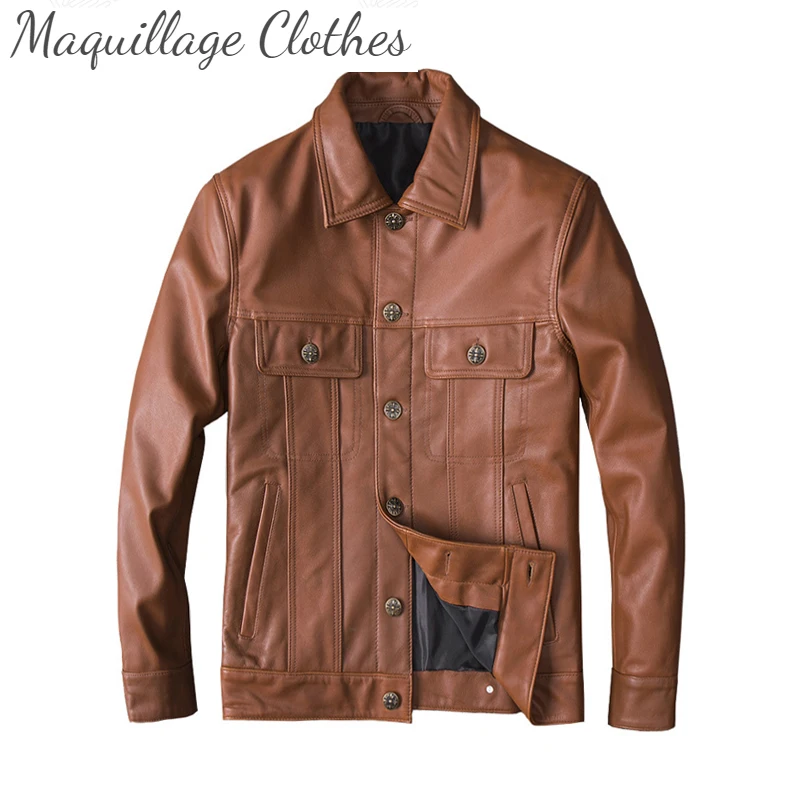 

2021 New Men's Brown Genuine Cowhide Jacket Motor Biker Real Cow Leather Jacket Plus Size Lapel Leather Outwear Coat for Male