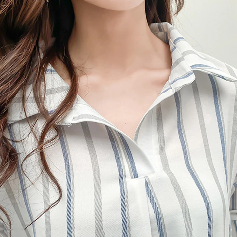 Модная женская рубашка в полоску с коротким рукавом V образным вырезом и отложным