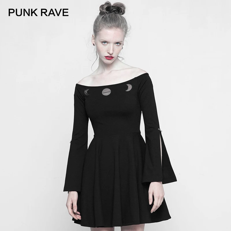 PUNK RAVE New Gothic Women's Black Off-shoulders Long Slit Flared Sleeves Bardot Mini Dress Fashion Party Sexy A-Line Women | Женская