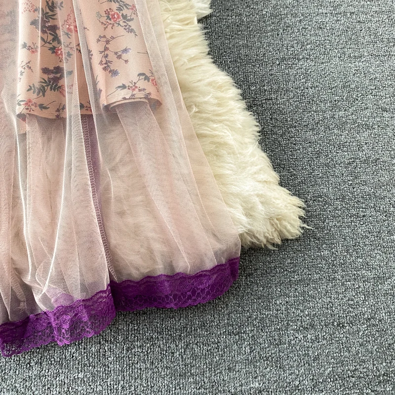 

Women Dress 2021 Summer French Palace Style Ladies Vintage Celebrity Temperament Tie Collar Ruffle Printed Mesh Vestido