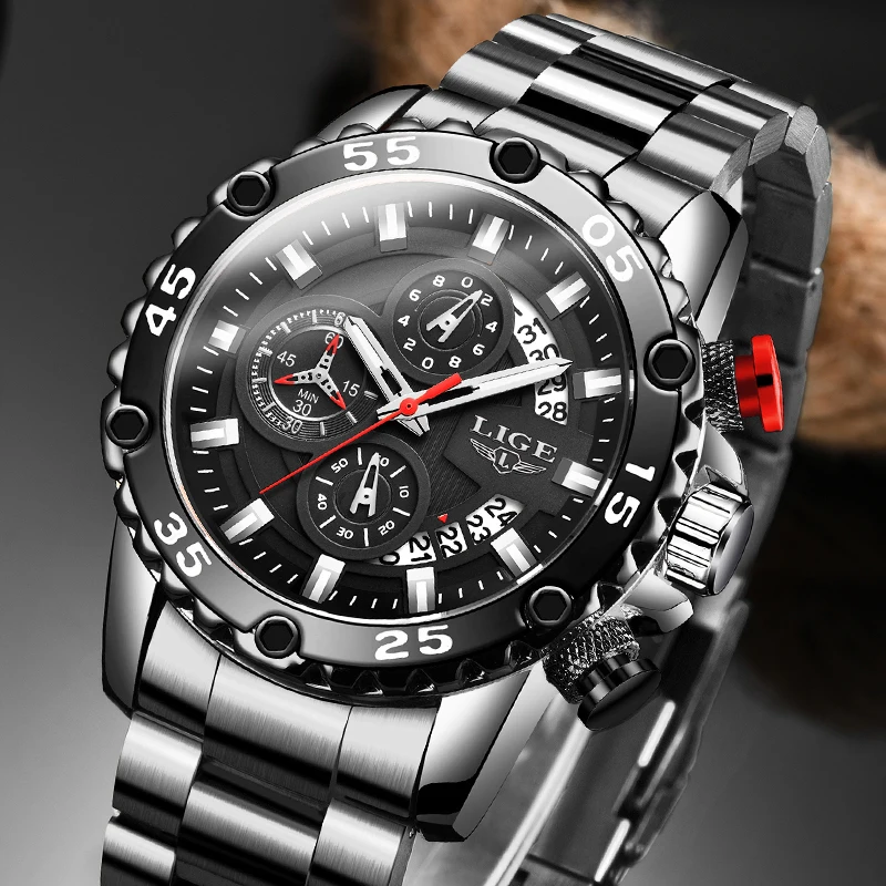 Часы наручные LIGE Мужские кварцевые брендовые Роскошные модные спортивные