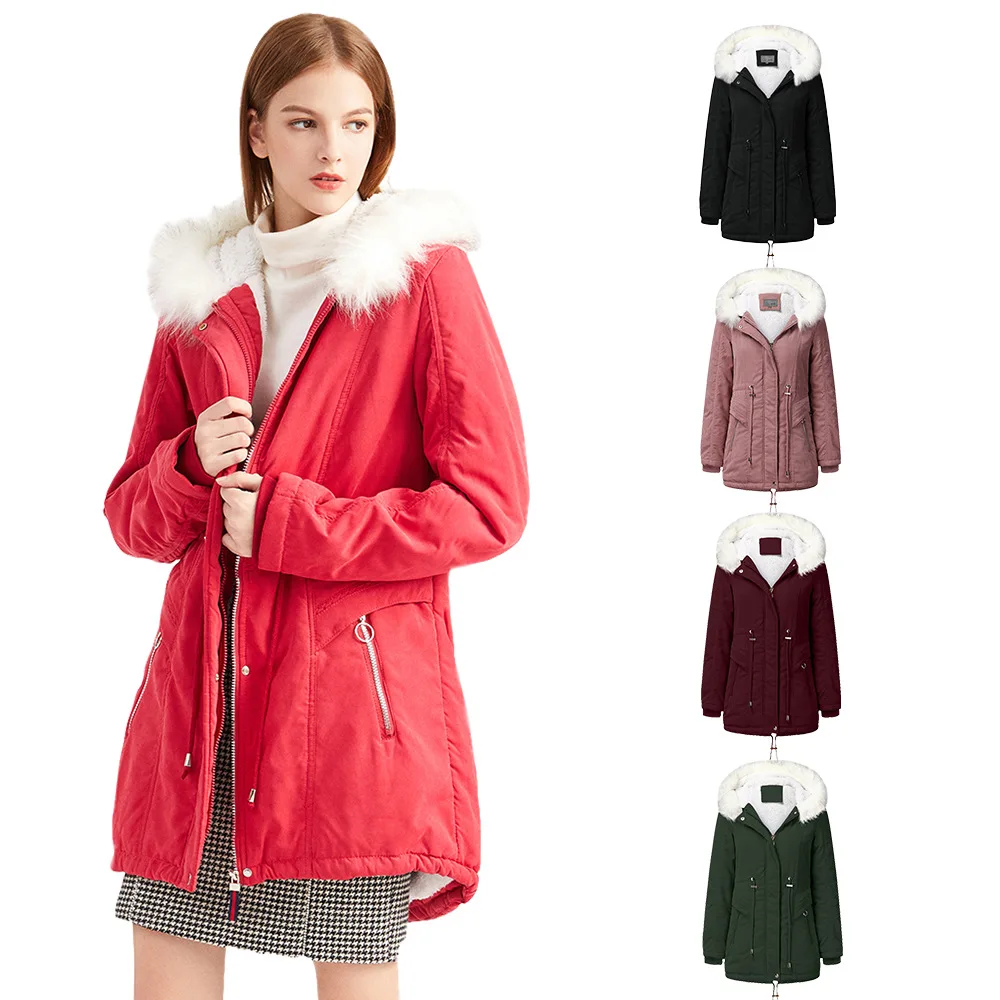 

Зимнее теплое женское бархатное хлопковое пальто в европейском стиле средней длины, приталенное Женское пальто оверсайз с капюшоном, прост...