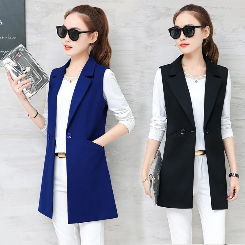 

Spring Autumn Women Vest Medium Long Slim Waistcoat Two Buttons Office Lady Sleeveless Coats Red Blue Black All Match Vests