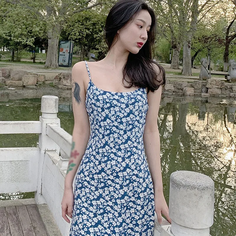 

Women Strap High Waist Slim Floral Print Dress Female Sleeveless Mini Slim Summer Dresses Backless Beach Wear