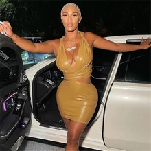 Macheda vestido de cuero de PU sólido para mujer, vestido Sexy de cintura calada con cuello de pico sin mangas, lazo trasero a la moda, Minivestido de fiesta de calle (2)