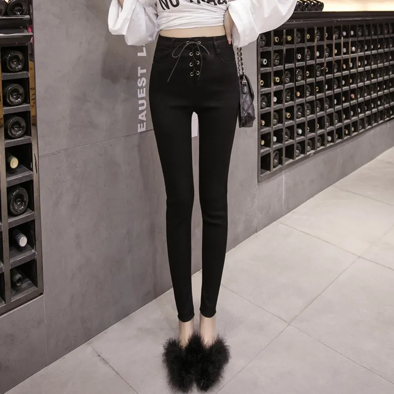 

Women High Waist Lace Up Pencil Pants Stretchy Slim Fit Skinny Jeans Black Denim Ladies Ankle Length Casual Streetwear Trousers