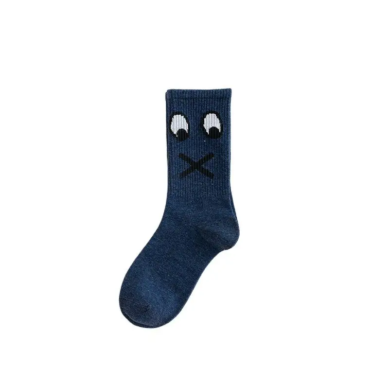 

New mid-tube sports tide brand cartoon smiley face socks pure cotton sweat-absorbent breathable creative funny high-tube couple