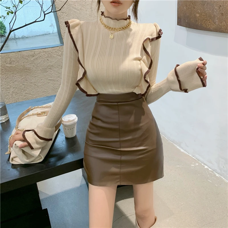 Облегающие пуловеры с оборками женские свитера расклешенными рукавами модные