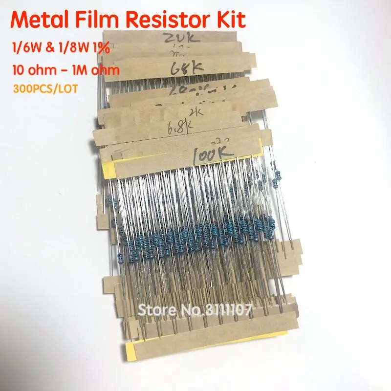 

300PCS 1/6W & 1/8W 1% Metal Film Resistor Kit 10 ohm - 1M ohm Color Ring Resistance 10R-1MR Resistor Assorted Set 30 Values