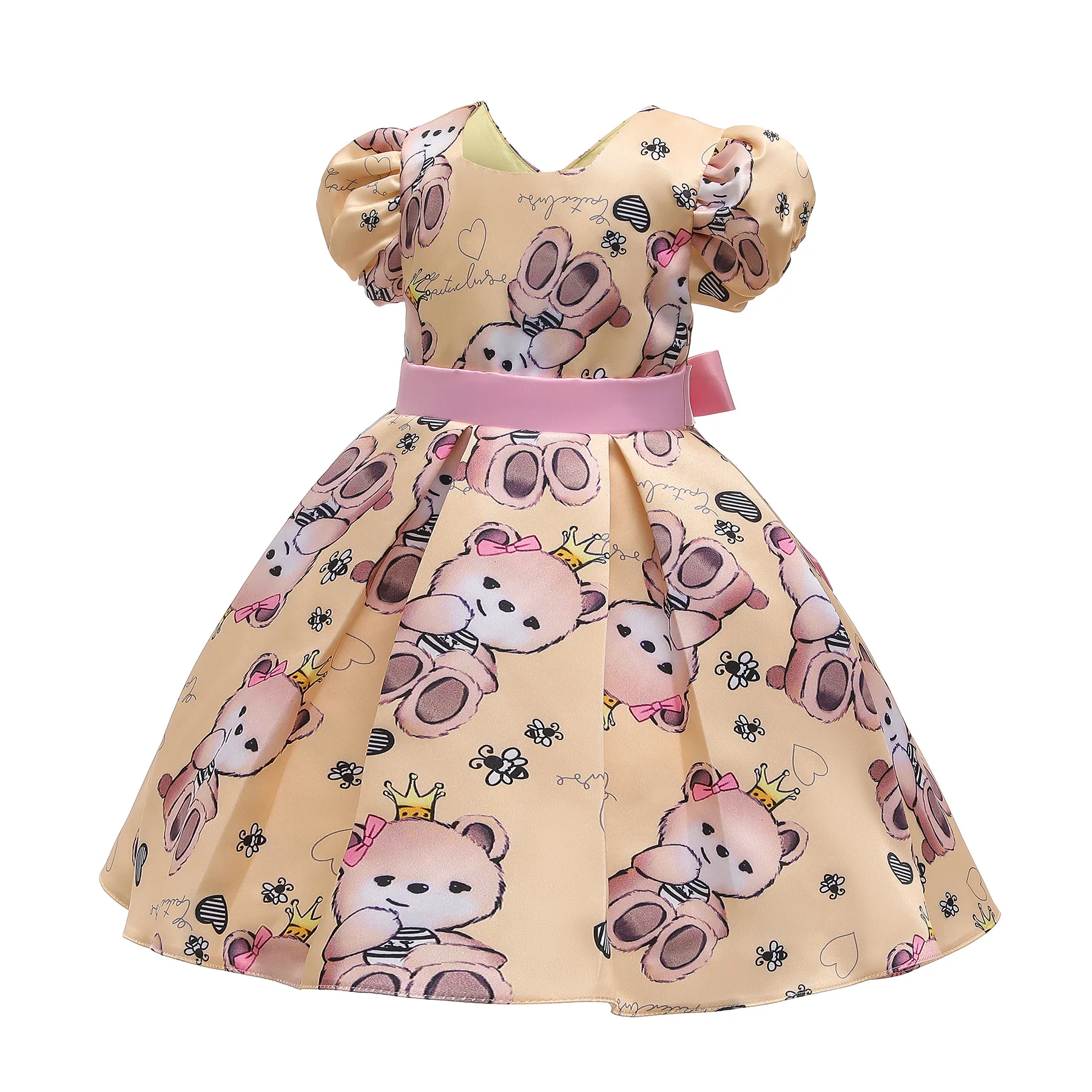 

Girl's O-neck Short Sleeve Bowtie Decor Cartoon Bears Print Knee Length Party Dresses Casual Streetwear Dress