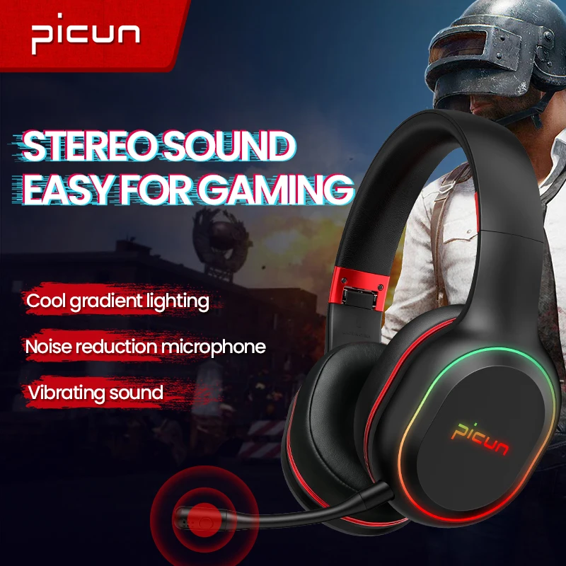 Picun P80X Wireless Headphones For Cellphone Gamer Low-Latency Bluetooth Headset, With RGB Light, HIFI Stereo Vibration Sound