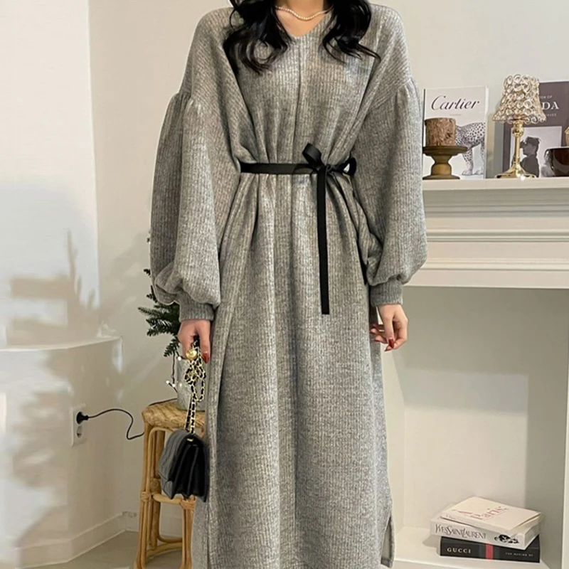 

SuperAen Solid V-neck Loose Plus Size Casual Puff Sleeve Thick Warm Long Solid Mid-Calf Dresses Women