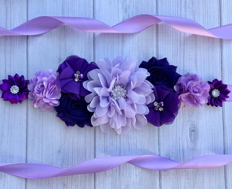 Cintur&oacute;n de gasa con perlas y diamantes de imitaci&oacute;n para mujer, faja de maternidad, ajustable, elegante, color p&uacute;rpura-0