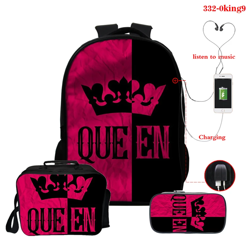 

king printing Backpack Purse for Women Laptop Backpack 3d USB schoolbag Kawaii Backpacks College Student Travel Bookbag lunchbag