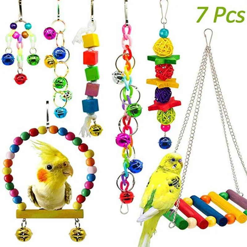 

7pcs Set Parrot Biting Bird Toys Suspension Bridge Swing Finches Chewing Hanging Bell Perch Stand Supplies Cage Accessories New