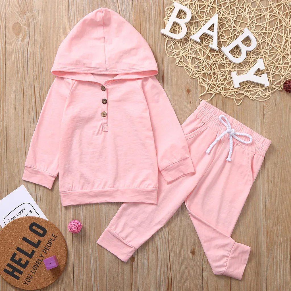 Kids Autumn Clothes Newborn Infant Baby Boys Girls Solid Hoodie Shirt Tops+ Pants Outfits Set Meisjes Kleding 6M-24M | Детская одежда и