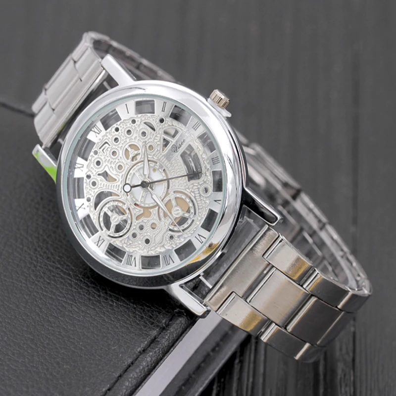 Бизнес Мужские часы повседневные полые стальные кварцевые мужские