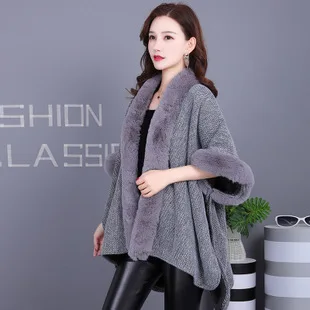 

Autumn and Winter Warm Cloak Thick Loose Knitted Cloak Fashion Fur Collar Fur Sleeves Faux Fur Long Windproof