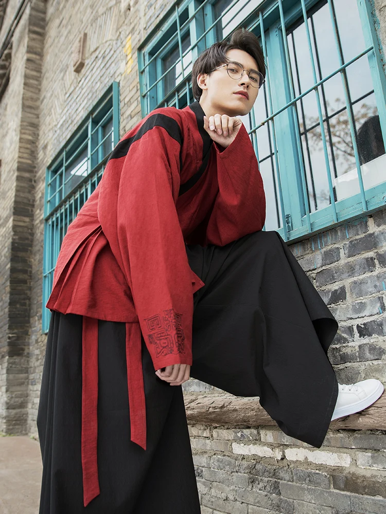 

Improved Hanfu Men's Chinese Elements Daily Jin-made Top Slim Wide Leg Pants Belt Set Spring