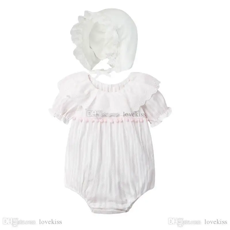 

Baby Rompers Infant Jumpsuits Girls One Piece Clothing Bodysuits Summer Cotton Lace Short Sleeve Princess Romper Hats 2Pcs/Sets