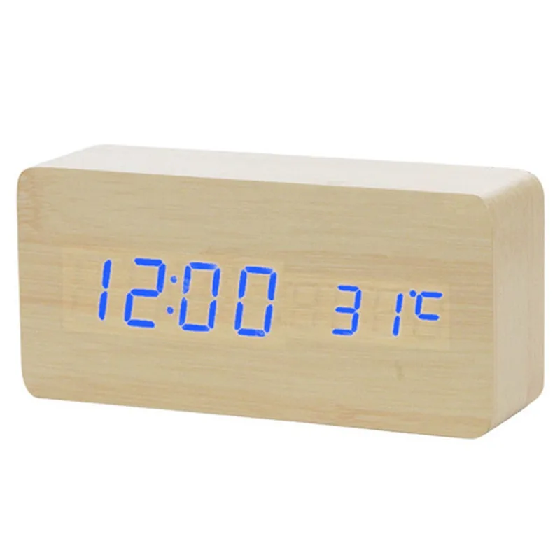 Bamboo blue word Светодиодный Деревянный Будильник Часы Настольный Голосовое управление цифровые деревянные часы электронные настольные часы Настольный Декор USB/с питанием AAA - Цвет: Bamboo blue word