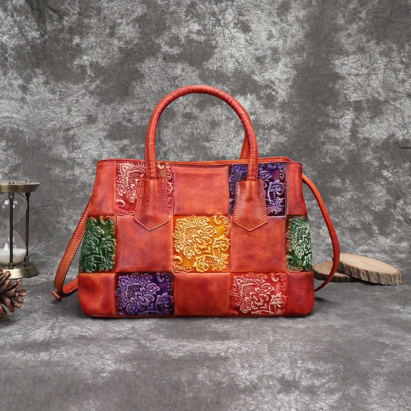 

2021 new Chinese style hand painted three-dimensional relief women's bag head layer leather tote bag