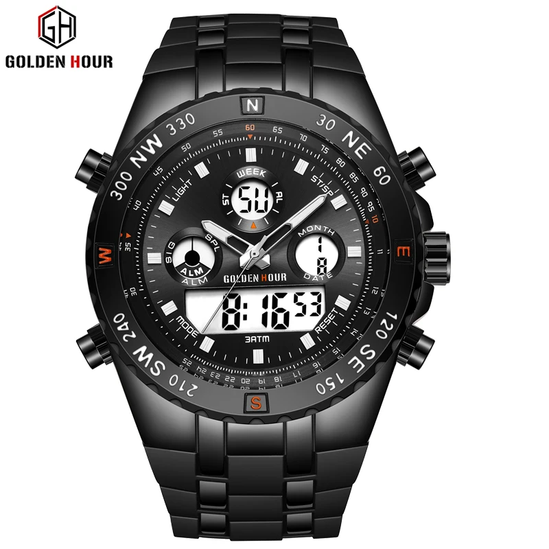 Модные спортивные аналоговые цифровые часы GOLDENHOUR с двойным временем