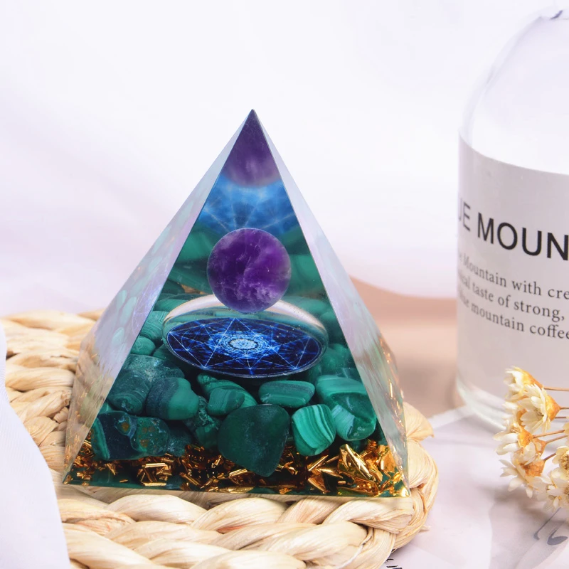 

HANDMADE 60MM Orgonite Pyramid Amethyst Sphere With Malachite Natural Crystal EMF Protection Orgone Energy Reiki Chakra