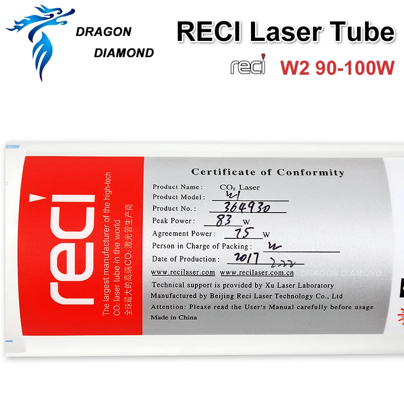 Лазерная трубка DRAGON DIAMOND CO2 RECI W2 90 100 Вт стеклянная металлическая головка Длина 1200